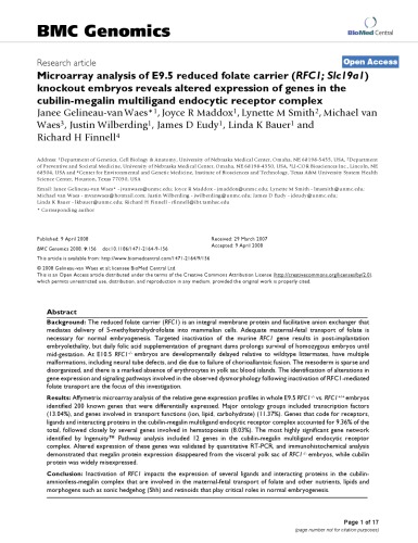 Microarray analysis of E9.5 reduced folate carrier (RFC1; Slc19a1) knockout embryos reveals altered expression of genes in the cubilin-megalin multiligand endocytic receptor complex