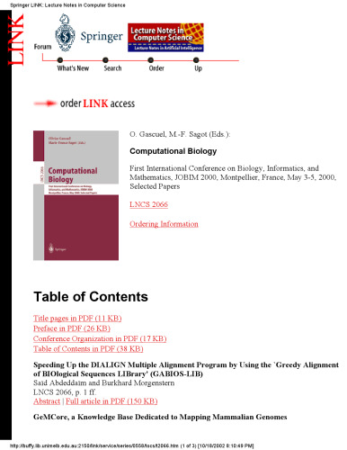 Computational Biology: First International Conference on Biology, Informatics, and Mathematics, JOBIM 2000 Montpellier, France, May 3―5, 2000 Selected Papers