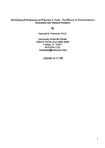 Developing Entrepreneurial Potential in Youth: The Effects of Entrepreneurial Education and Venture Creation