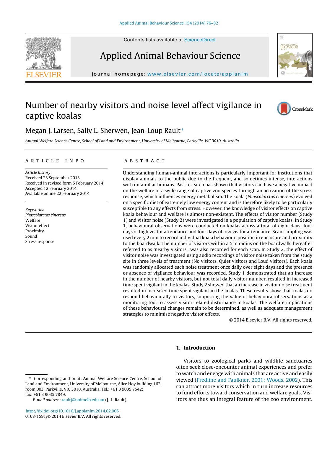 [Article] Number of nearby visitors and noise level affect vigilance in captive koalas