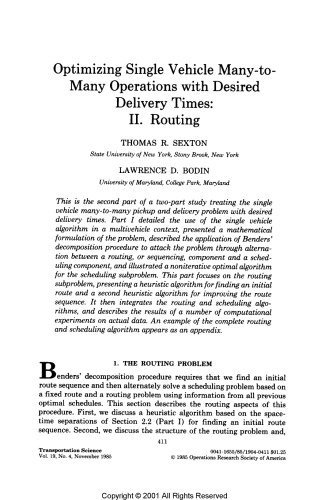 Optimizing Single Vehicle Many-to-Many Operations with Desired Delivery Times: II. Routing