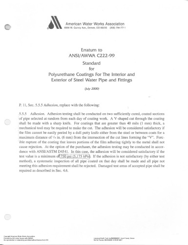 AWWA standard for polyurethane coatings for the interior and exterior of steel water pipe and fittings