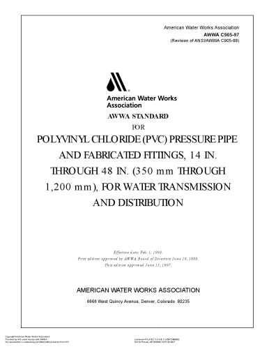 AWWA standard for polyvinyl chloride (PVC) water transmission pipe, nominal diameters 14 in. through 36 in