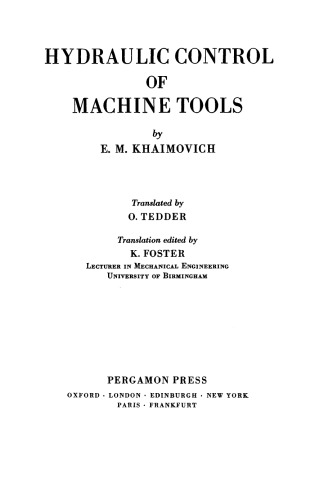 Hydraulic Control of Machine Tools