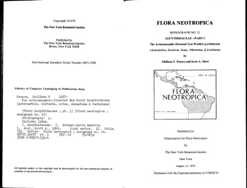 Flora Neotropica. : the Actinomorphic-flowered New World Lecythidaceae