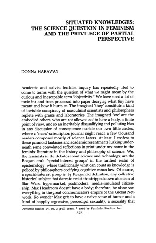 [Article] Situated Knowledges: The Science Question in Feminism and the Privilege of Partial Perspectives