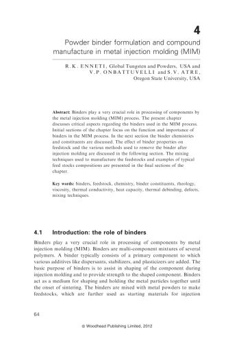 Powder Binder Formulation and Compound Manufacture in Metal Injection Molding (MIM)