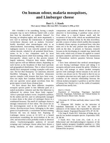 On human odour, malaria mosquitoes, and Limburger cheese