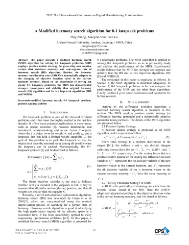 A Modified harmony search algorithm for 0-1 knapsack problems