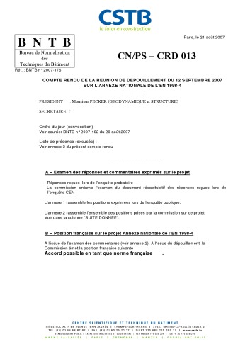 COMPTE RENDU DE LA REUNION DE DEPOUILLEMENT DU 12 SEPTEMBRE 2007 SUR L’ANNEXE NATIONALE DE L’EN 1998-4