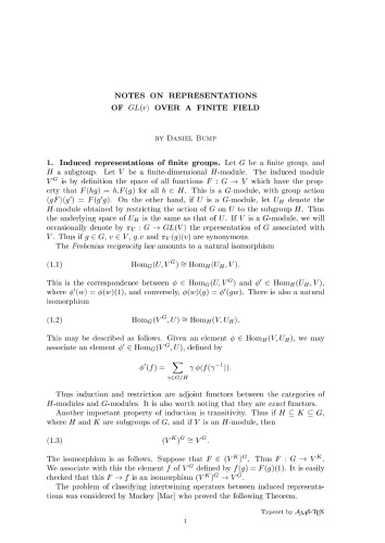 Notes on Representations of GL(r) over a Finite Field