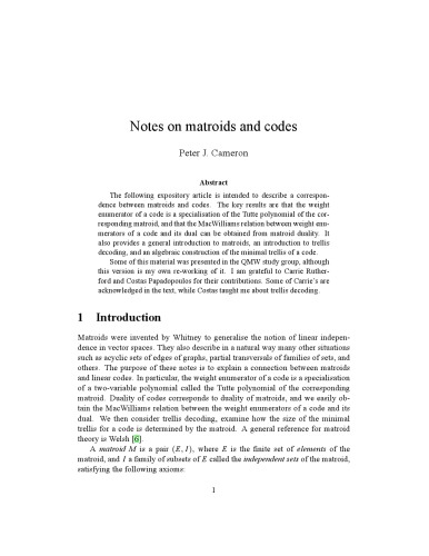 Notes on matroids and codes [expository notes]