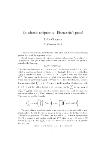 Quadratic reciprocity: Eisenstein’s proof [Lecture notes]