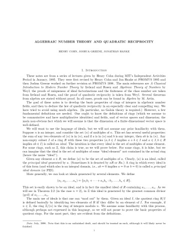 Algebraic number theory and quadratic reciprocity [Lecture notes]