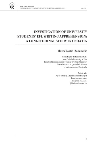 INVESTIGATION OF UNIVERSITY STUDENTS’ EFL WRITING APPREHENSION: A LONGITUDINAL STUDY IN CROATIA