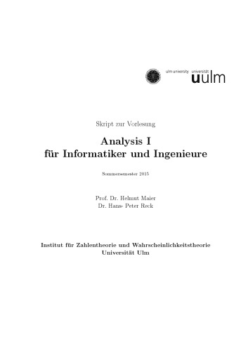 Skript zur Vorlesung Analysis I für Informatiker und Ingenieure, Sommersemester 2015