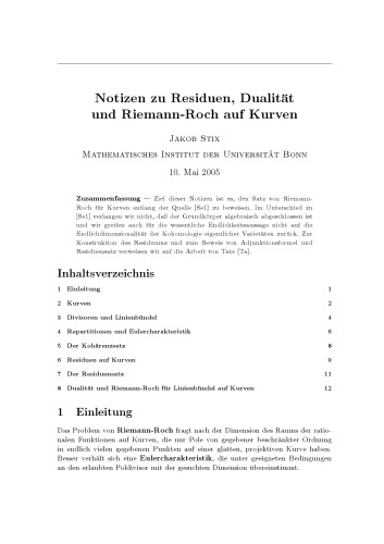 Notizen zu Residuen, Dualität und Riemann-Roch auf Kurven [expository notes]