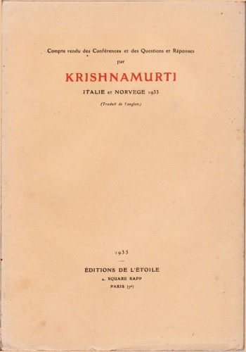Compte rendu des conférences et des questions et réponses. Italie et Norvège, 1933 (Traduit de l’anglais)