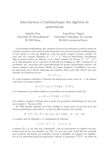 Introduction à l’arithmétique des algèbres de quaternions [preprint]