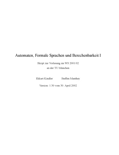 Automaten, Formale Sprachen und Berechenbarkeit I [Lecture notes]