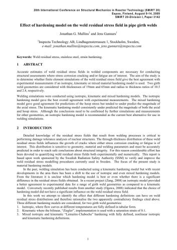 Effect of hardening model on the weld residual stress field in pipe girth welds
