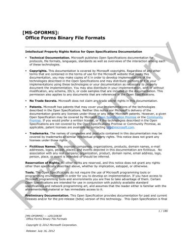 Microsoft Corp. Microsoft Office File Formats - MS-OFORMS: Office Forms Binary File Formats