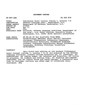 FSI. Indonesian Basic Course. Volume 1