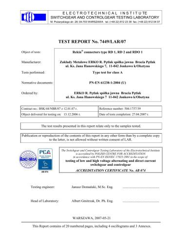 Rekin connectors. Electrotechnical institute switchgear and controlgear testing laboratory