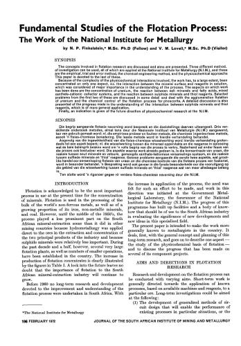 Fundamental Studies of the Flotation Process: The Work of the National Institute for Metallurgy