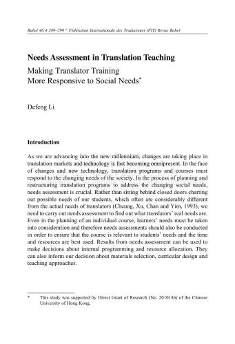 Needs Assessment in Translation Teaching. Making Translator Training More Responsive to Social Needs