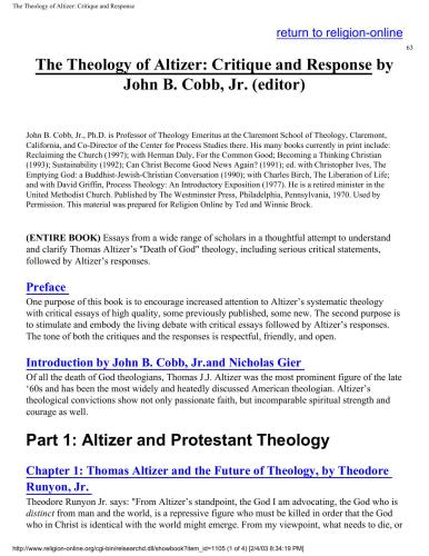 The Theology of Altizer: Critique and Response