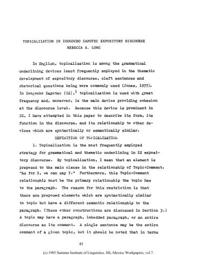 Topicalization in Zoogocho Zapotec Expository Discourse