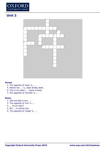 New Headway Elementary Crossword. Unit 02