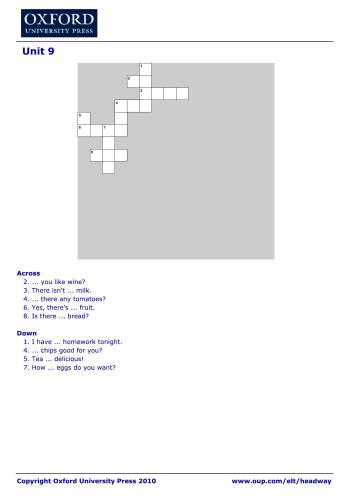 New Headway Crossword - Elementary Level - Unit 9
