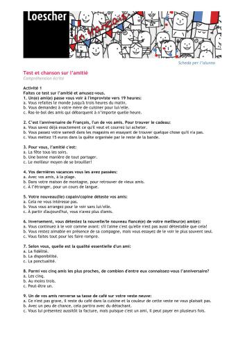 Test et chanson sur l’amitié. Une fiche d'activités