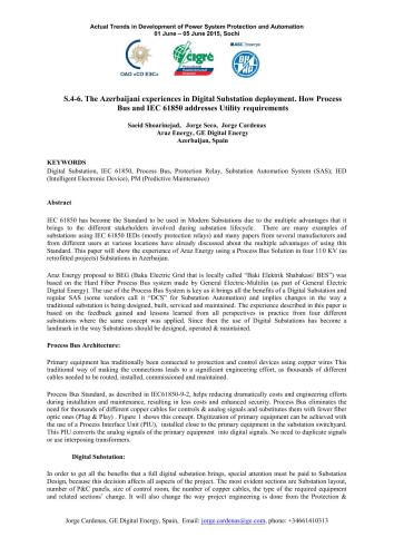 The Azerbaijani experiences in Digital Substation deployment. How Process Bus and IEC 61850 addresses Utility requirements