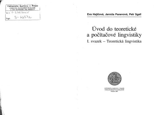 Úvod do teoretické a počítačové lingvistiky I. Teoretická lingvistika