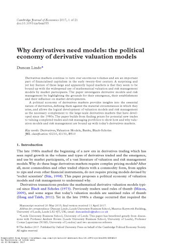 Why derivatives need models: the political economy of derivative valuation models [article]