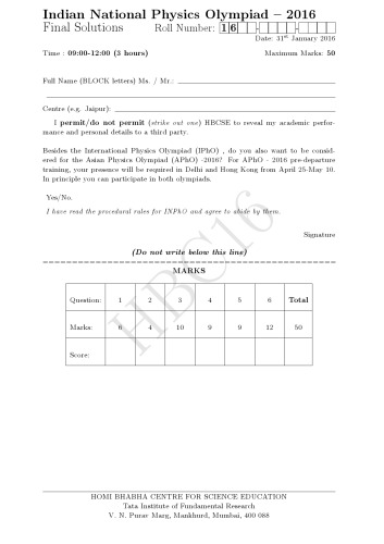 INPhO 2016 Question and Solution from India Indian National Physics Olympiad