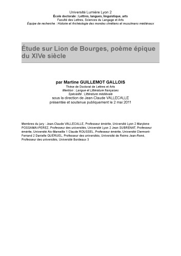 Étude sur Lion de Bourges, poème épique du XIVe siècle