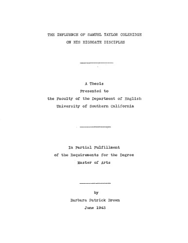 The influence of Samuel Taylor Coleridge on his Highgate disciples