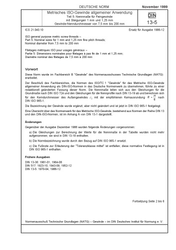 Metrisches ISO-Gewinde allgemeiner Anwendung Teil 5: Nennmaße für Feingewinde mit Steigungen 1 mm und 1,25 mm