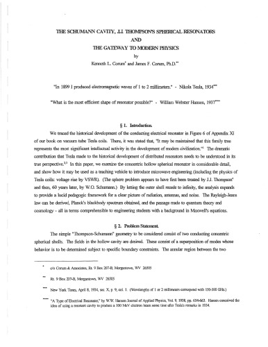 The Schumann Cavity, J.J. Thompson’s Spherical Resonators and the Gateway to Modern Physics