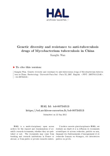 Diversité génétique et résistance aux médicaments anti-tuberculeux de Mycobacterium tuberculosis en Chine