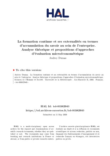 La formation continue et ses externalités en termes d’accumulation du savoir au sein de l’entreprise. Analyse théorique et propositions d’approches d’évaluation microéconométrique