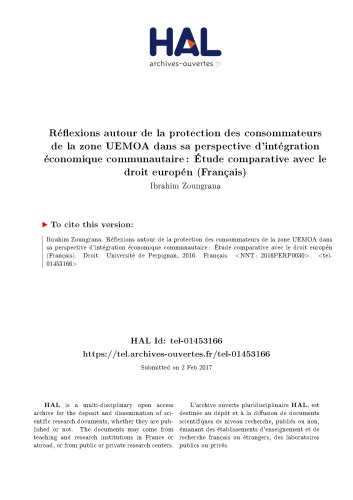 Réflexions autour de la protection des consommateurs de la zone UEMOA dans sa perspective d’intégration économique communautaire : Étude comparative avec le droit europén (Français)