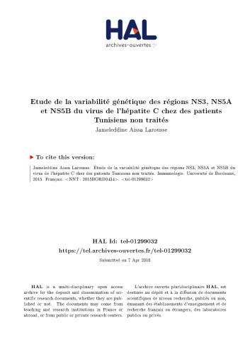 Etude de la variabilité génétique des régions NS3, NS5A et NS5B du virus de l’hépatite C chez des patients Tunisiens non traités