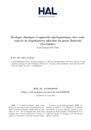 Écologie chimique et approche phylogénétique chez trois espèces de Lépidoptères africains du genre Busseola (Noctuidae)