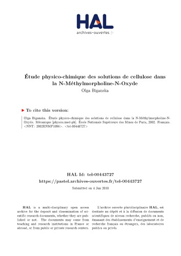 Étude physico-chimique des solutions de cellulose dans la N-Méthylmorpholine-N-Oxyde