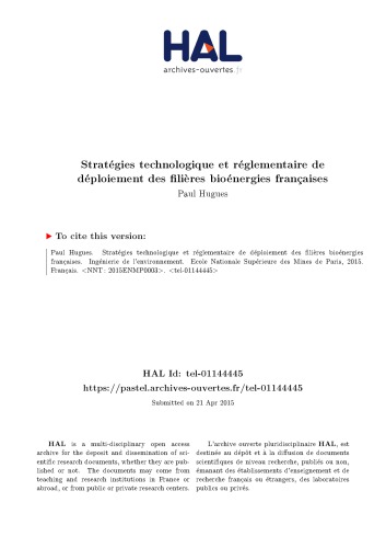 Stratégies technologique et réglementaire de déploiement des filières bioénergies françaises